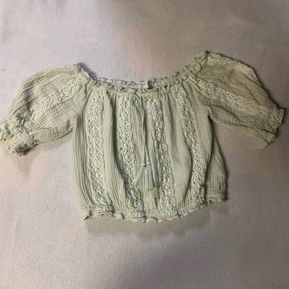 Boho Light Blue/green American Eagle Crop Top Short Sleeve Cotton Elastic Size S